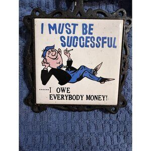 Vintage Collectible Kitchen Cast Iron Trivet Wall Hanging Ceramic Tile w/Quote